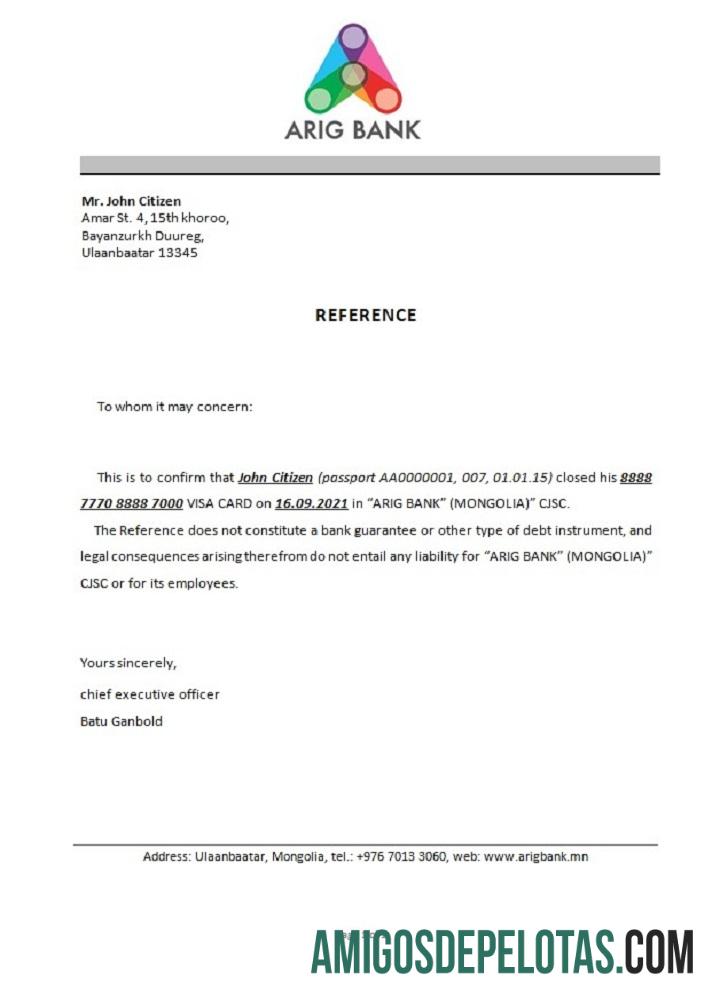 Referência de fechamento do banco Mongólia Arig modelo